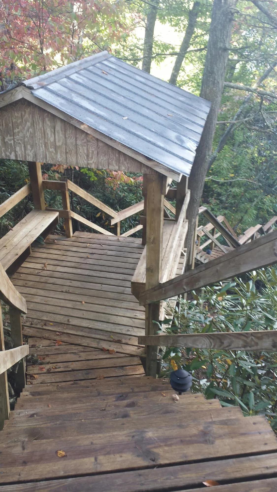 Metal roofed shelter over wooden steps on a wooded walkway — Skylight Repair & Installation work by our crew in Goehner